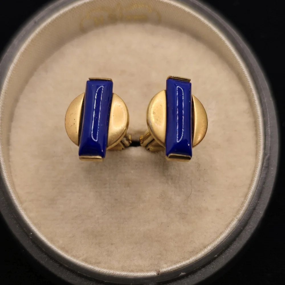 Swank Art Deco Blue Glass Gold Plated Cufflinks